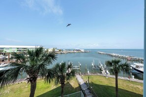 A marina with boats docked, a clear sky, and palm trees.