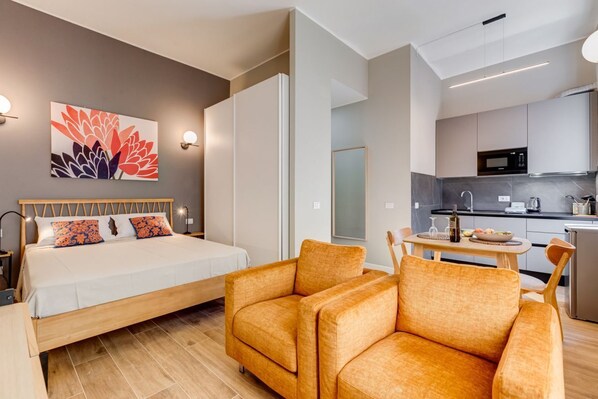 1 bedroom, desk, iron/ironing board, travel cot