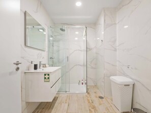 Shower, hair dryer, towels