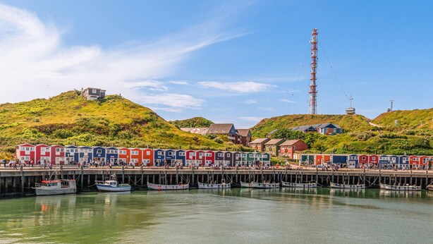A waterfront with colorful houses, a dock with boats, and a hill with buildings and a tall communication tower.