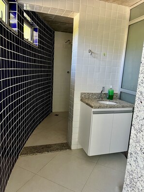 Hair dryer, bidet, towels, soap