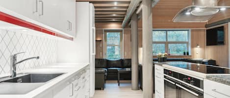 Fridge, stovetop, dishwasher, coffee/tea maker