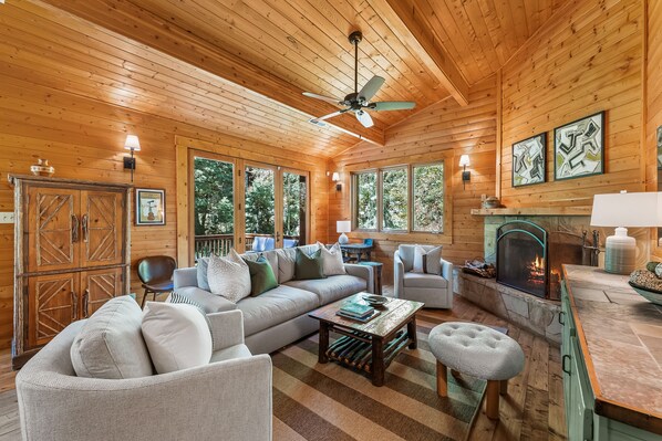 TV, fireplace - Above It All - Serene Forest Setting, Backs to Stream, Flat Backyard, Updated (Sundance)
