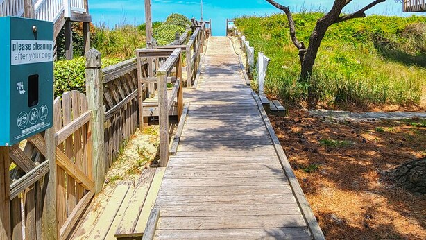 Pasarela de madera que conduce a una playa, con un cartel que indica limpiar después de los perros.