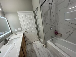 Hair dryer, towels, soap