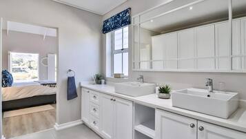 Combined shower/tub, hair dryer, soap, shampoo