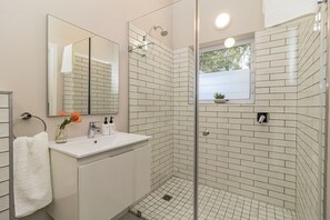 A modern bathroom with a glass shower enclosure, a white sink, and a mirror.