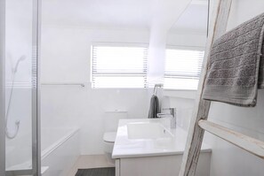 Bathtub, hair dryer, soap, shampoo