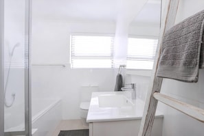 Bathtub, hair dryer, soap, shampoo