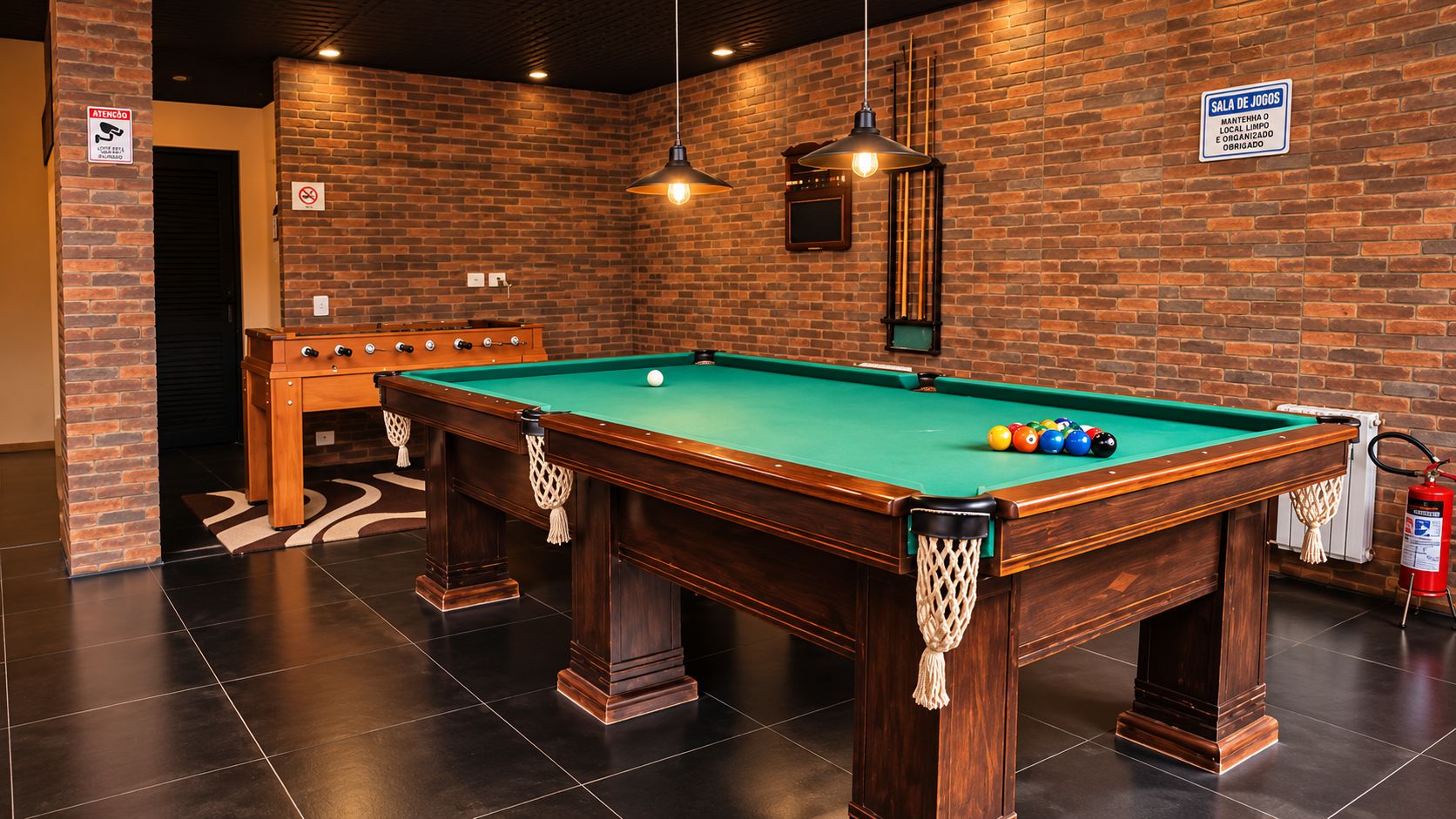 A billiards table with a green felt surface, surrounded by a brick wall and a wooden table with a netted pocket.