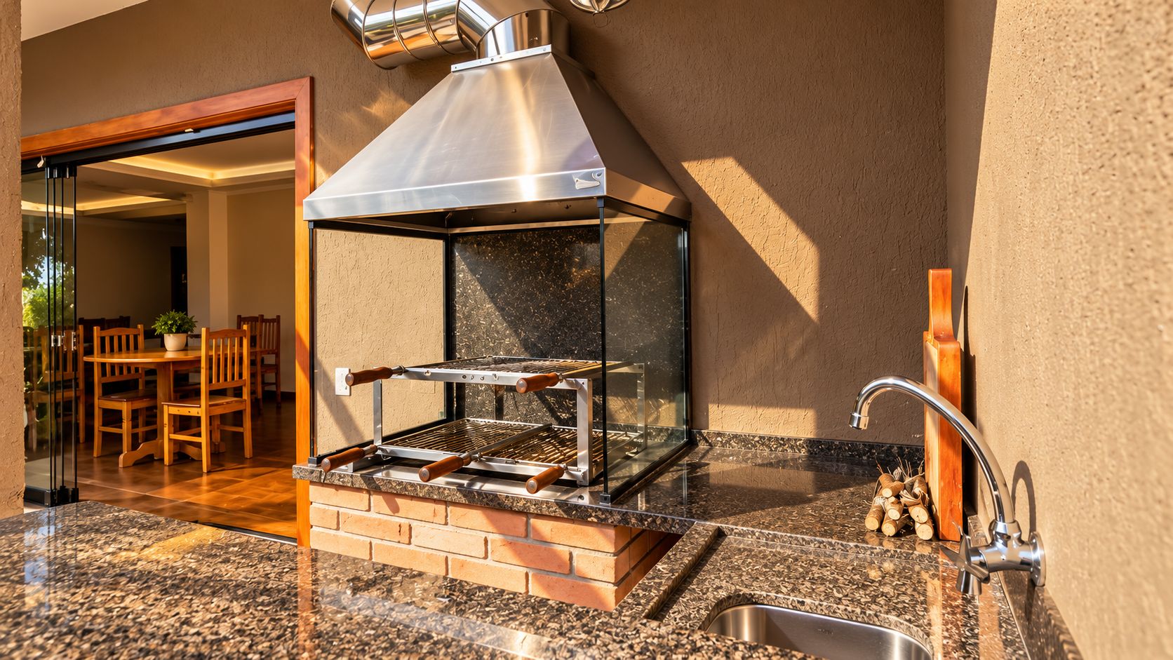 An outdoor kitchen with a grill, a sink, and a dining area with chairs and a table.