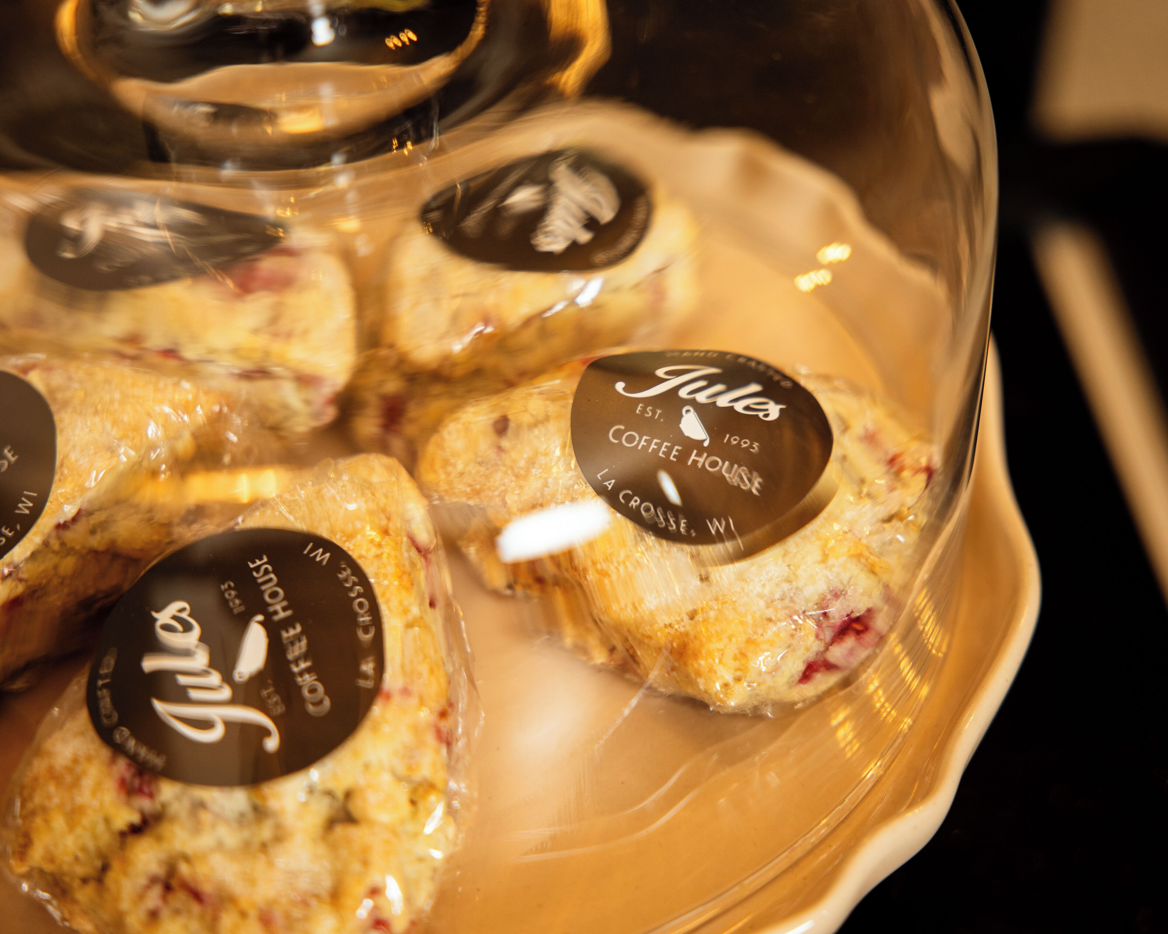 A display of Jule's Coffee House sandwiches with a clear label, arranged on a plate.