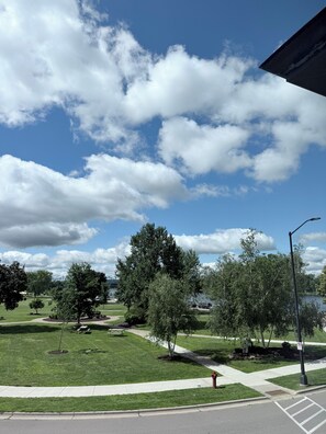 Un parc avec des arbres, un banc et un ciel dégagé.