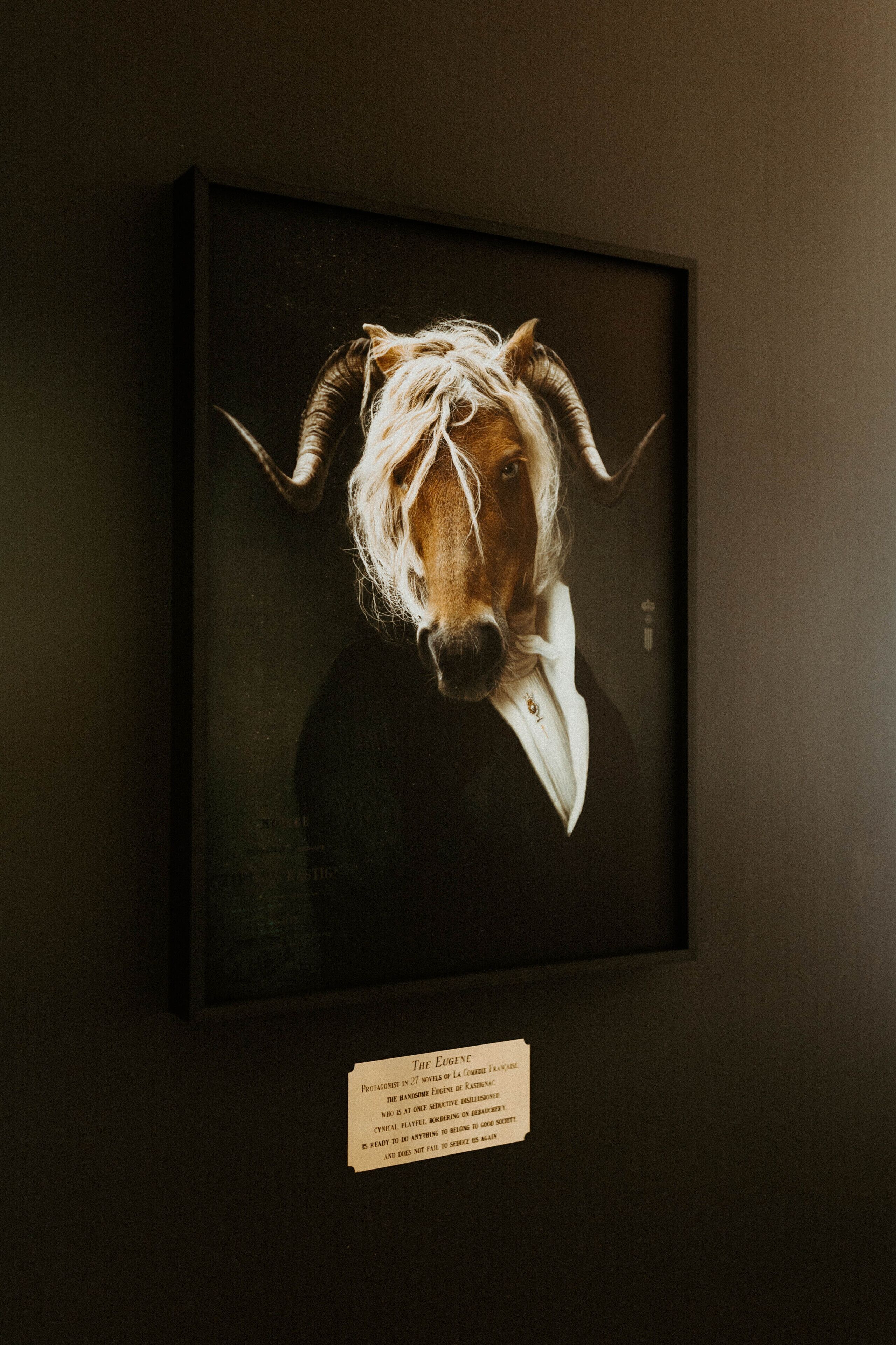 A framed artwork of a horse with a white mane and a white collar.