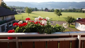 A balcony with a flower arrangement, a view of a green field, and distant buildings. - Apartment Säntis, 45 sqm with Balcony and Wi-Fi (Lindau am Bodensee)