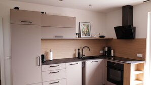 A modern kitchen with built-in appliances, a sink, and a stove. - Apartment Säntis, 45 sqm with Balcony and Wi-Fi (Lindau am Bodensee)