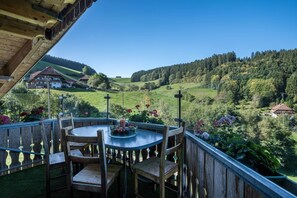 Outdoor dining - Holiday Apartment "Hof" with Mountain View, Balcony and Wi-Fi (Mühlenbach)