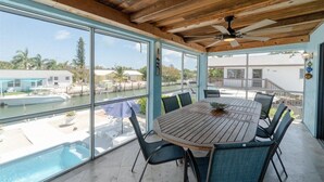 Area pranzo esterna coperta con tavolo e sedie in legno, ampie finestre e vista su una piscina e degli edifici.
