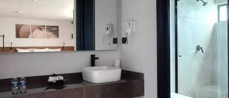 Shower, rainfall showerhead, towels