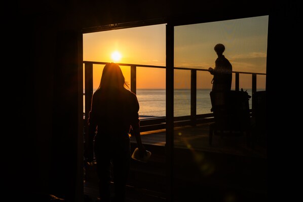 Silueta de una persona de pie junto a una ventana con vista a un atardecer.