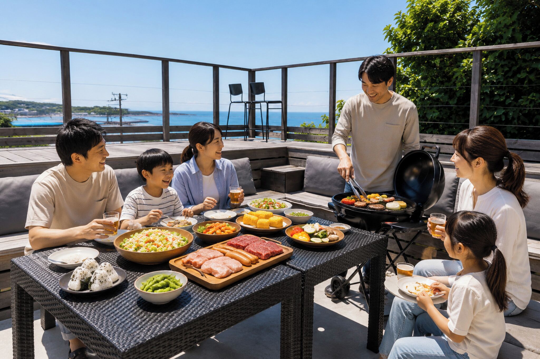A group of people dining outdoors with a variety of dishes and a grill.