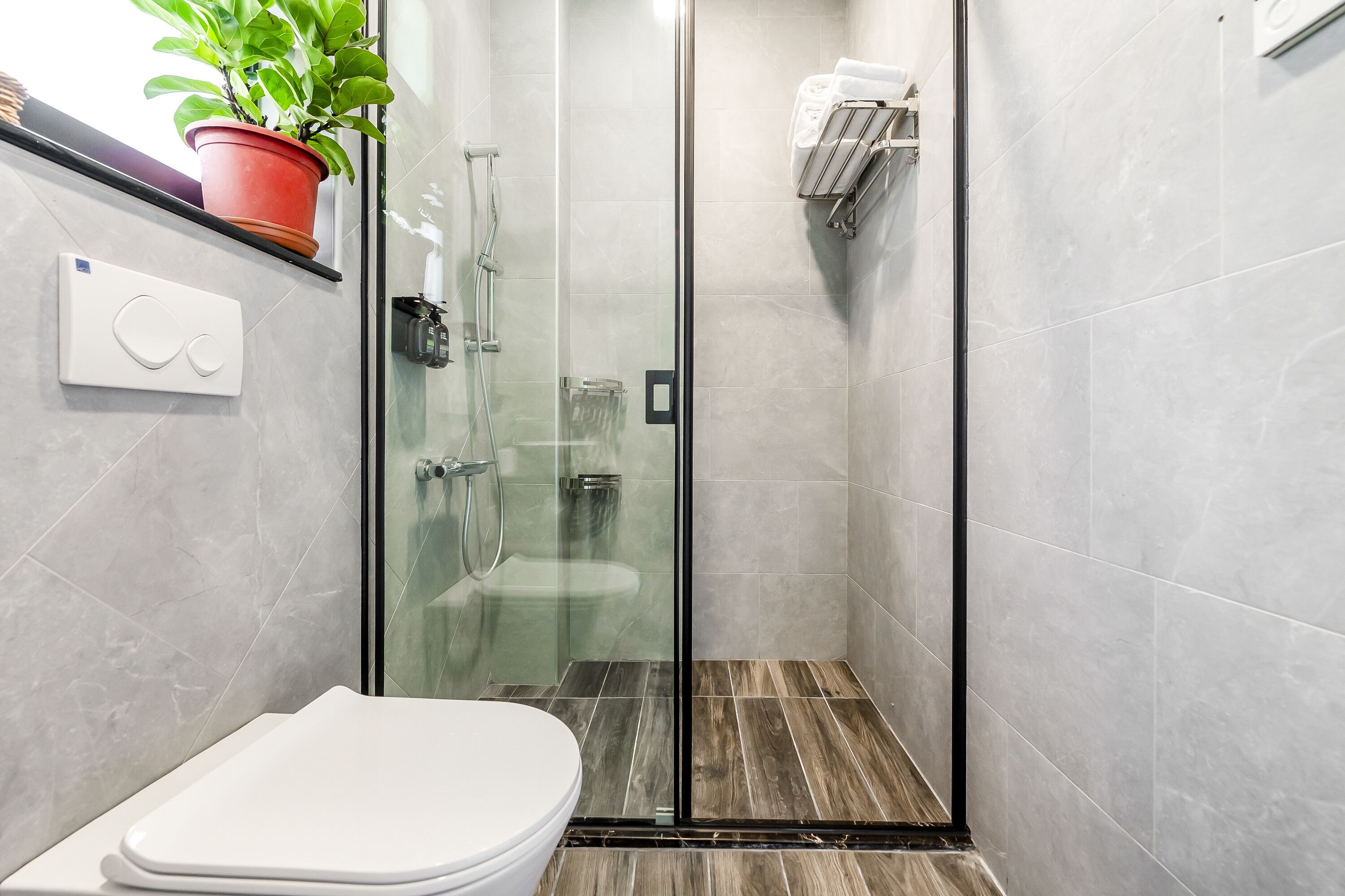 Un baño moderno con ducha envuelta en vidrio, un inodoro y una planta en maceta sobre una estantería.