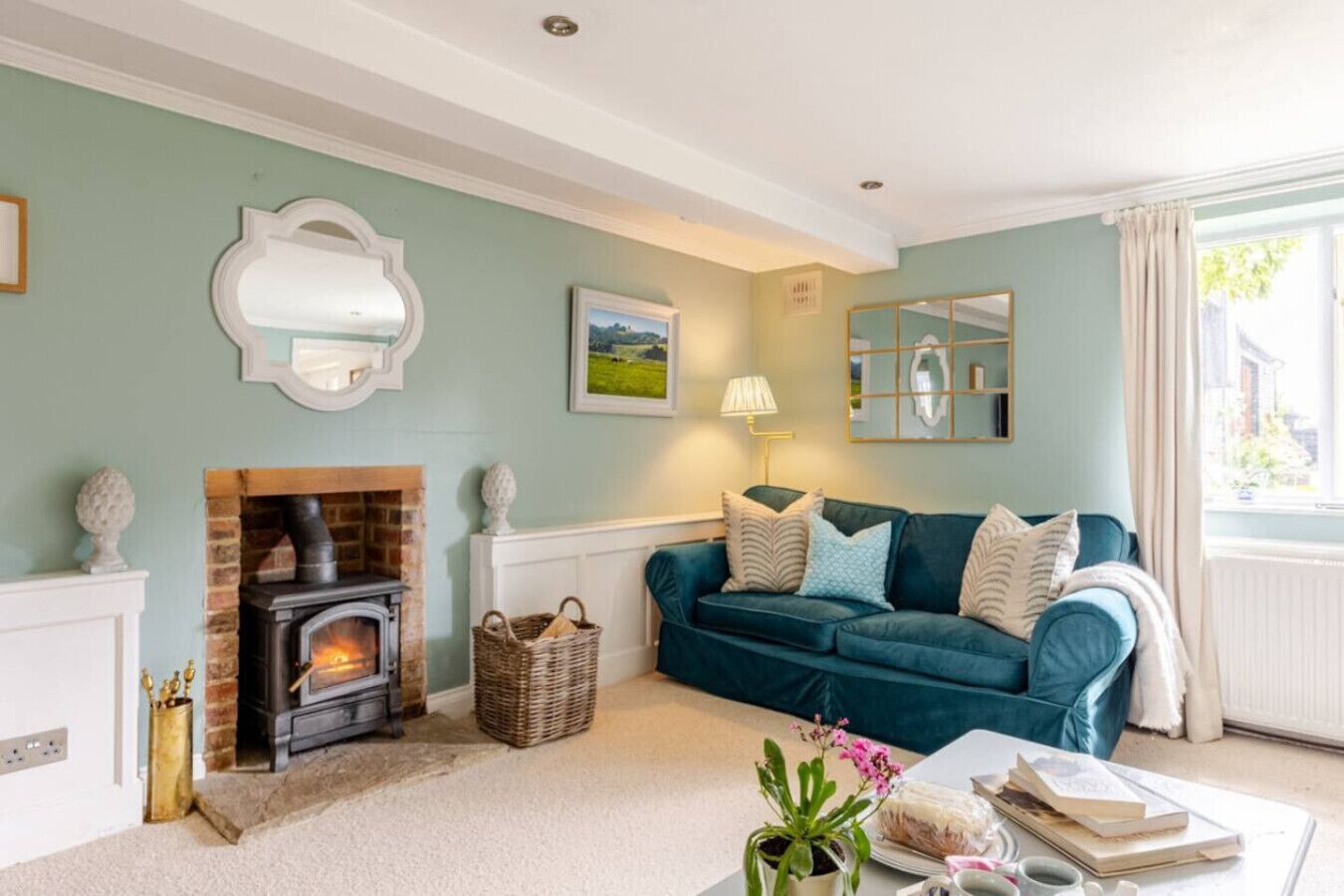 Smart TV, fireplace, books