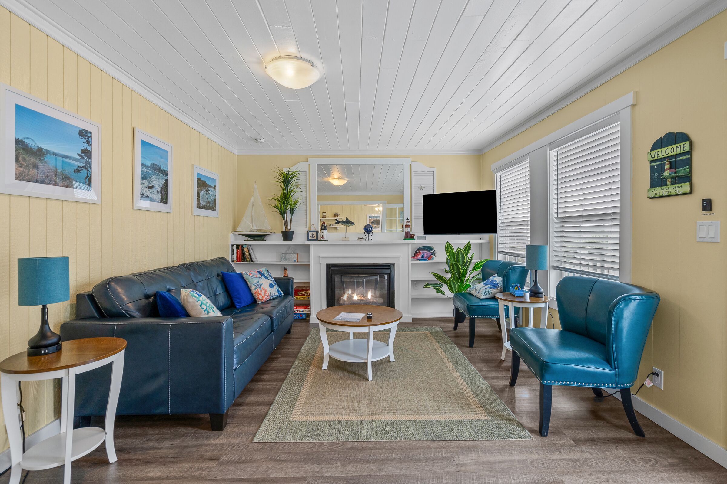 TV connectée, cheminée, livres, chaîne hi-fi