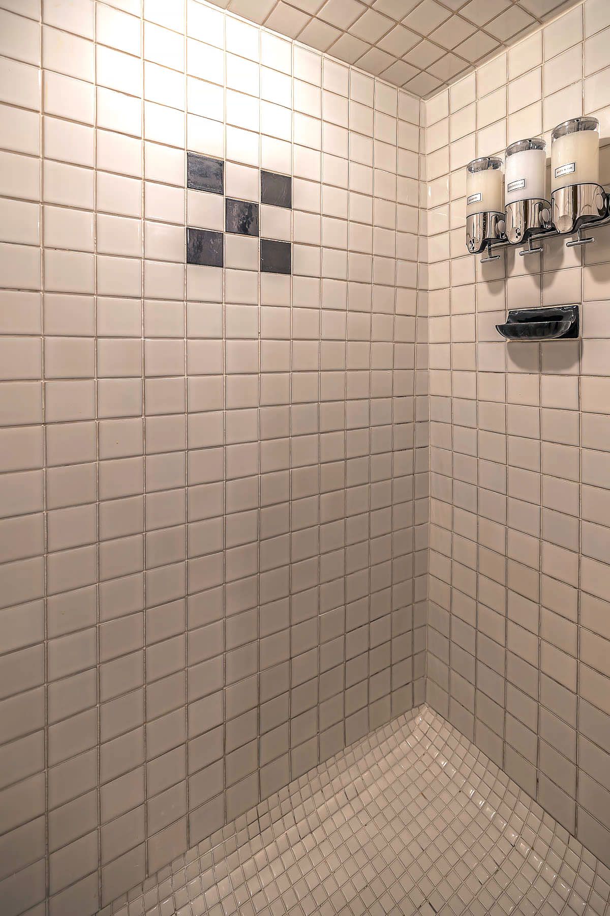 Zona de ducha con azulejos y un diseño de cuadrícula en paredes y suelo.