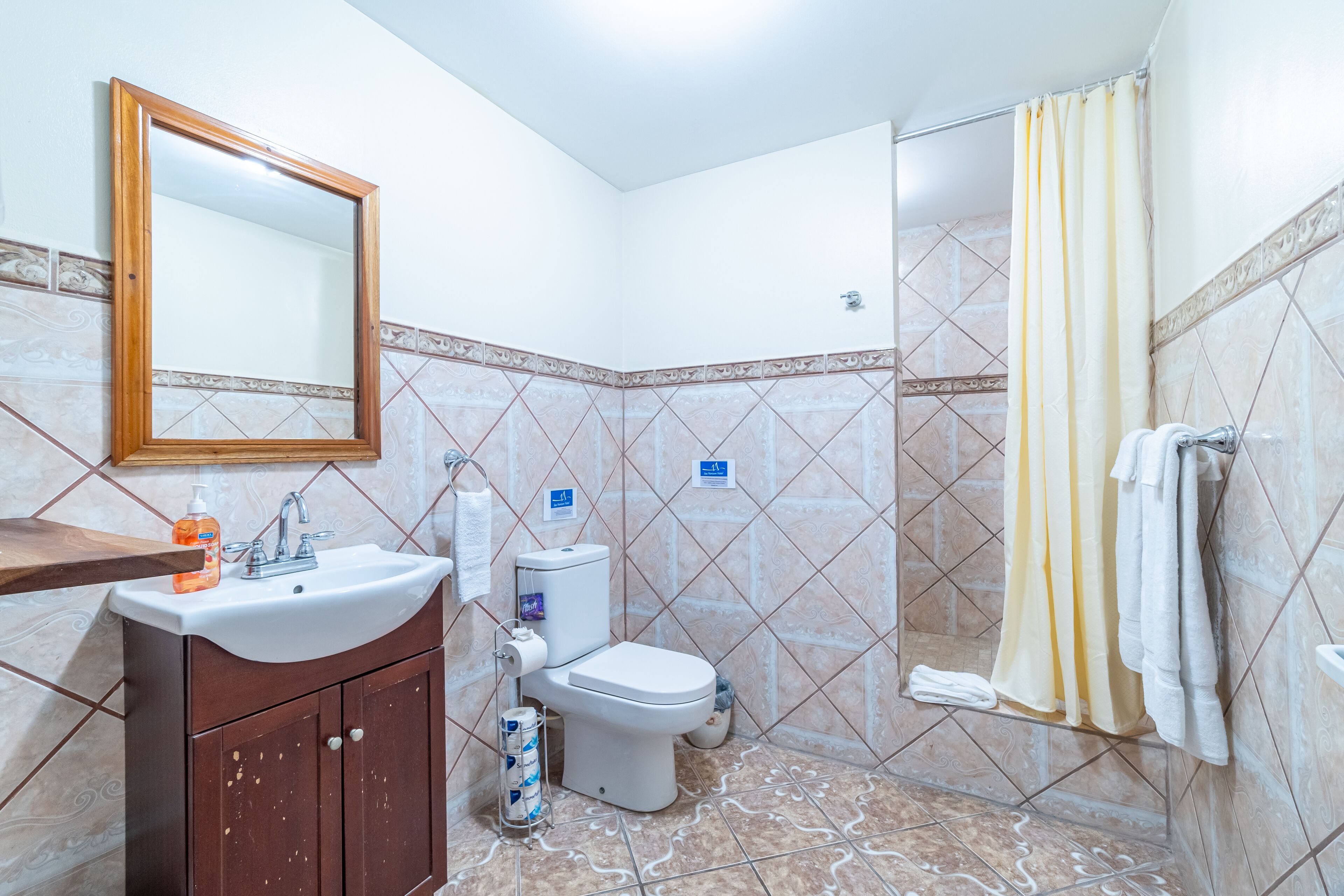 Un baño con lavamanos, inodoro y ducha.