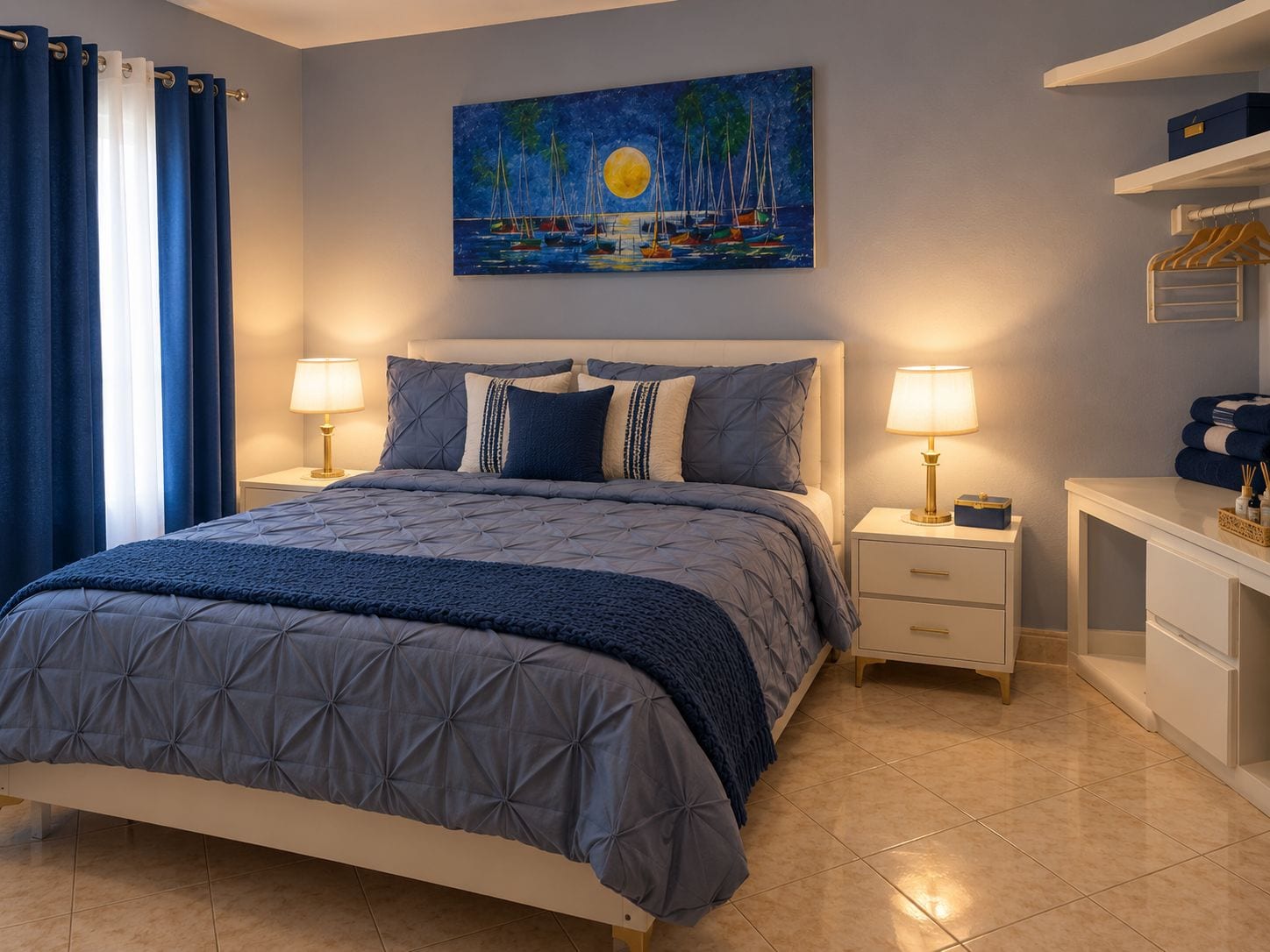 A bedroom with a bed, two bedside tables, a nightstand, a painting, and a wardrobe.