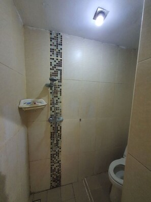 Habitación estándar doble | Baño | Ducha, toallas y papel higiénico