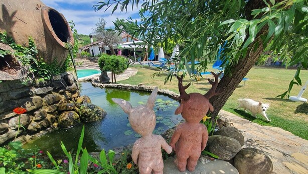 Un jardin avec un étang, deux statues d’animaux, un chien et un bâtiment de style rustique.