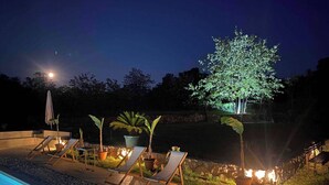 A poolside area with lounge chairs, a tree, and a stone wall. - The Rock Star's Villa With Private Pool And Beach (Novo Selo)