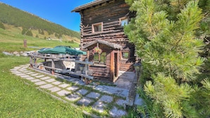 A rustic log cabin with a stone pathway leading to a wooden deck, surrounded by greenery. - Chalet Sciachilo’ Ski In-Ski Out 10m (Livigno)