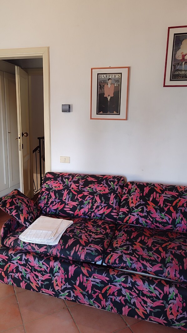 A room with a sofa, a door, and a wall-mounted picture frame.