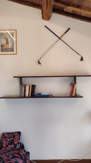 Quarto com teto de madeira, um cartaz emoldurado na parede, uma estante de livros e uma cadeira colorida.