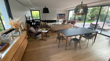 Télévision, cheminée, lecteur de DVD, table de tennis de table