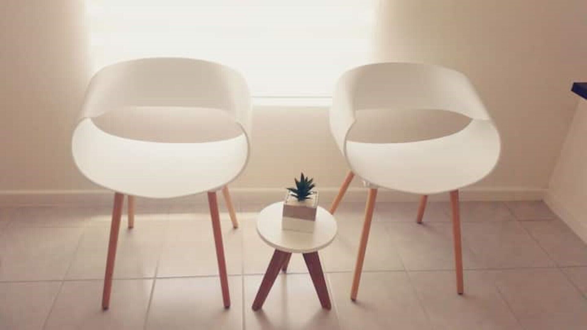 Dos sillas blancas con patas de madera y una pequeña mesa con una planta en el centro.