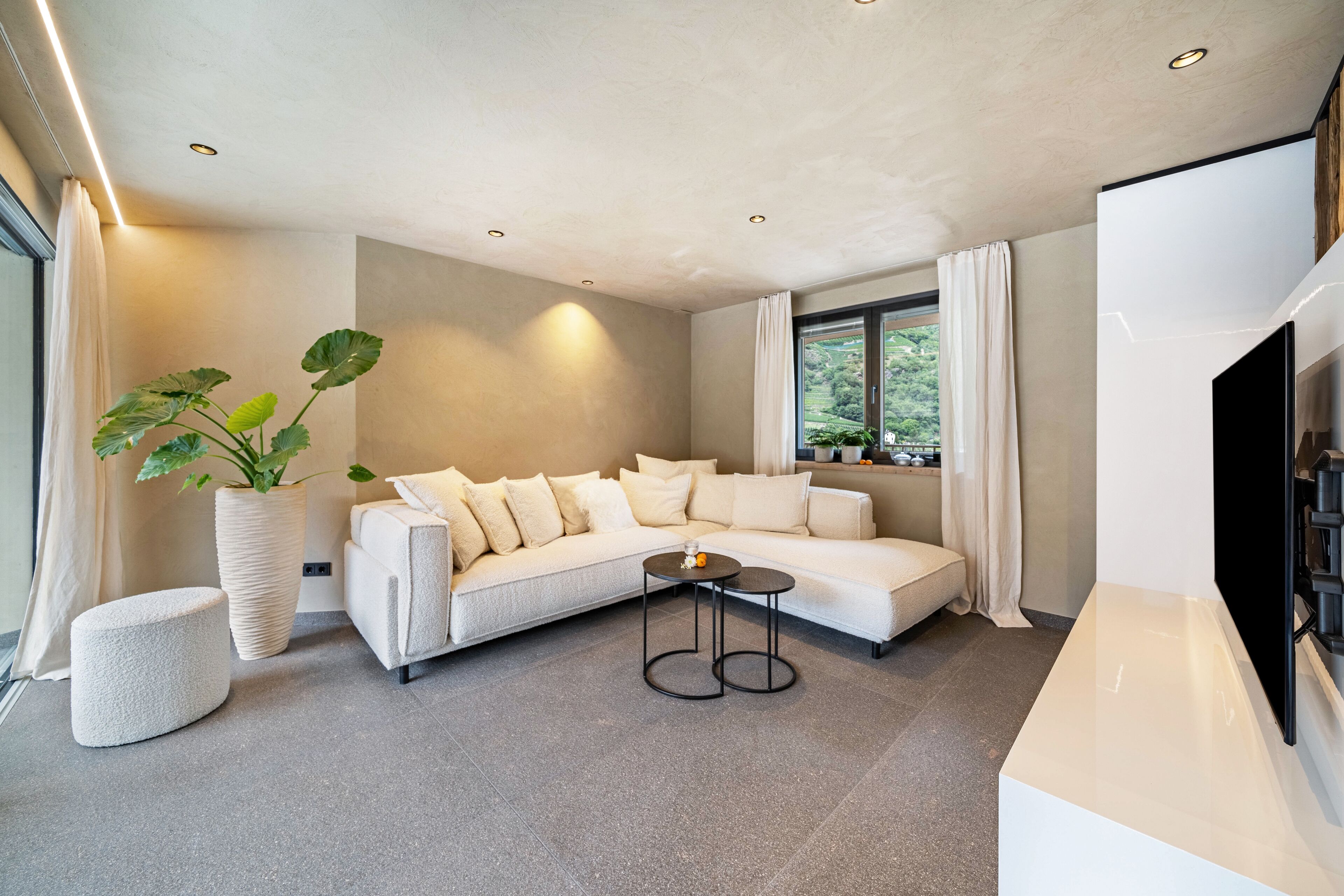 A modern living room with a white sofa, a round coffee table, and a large potted plant.
