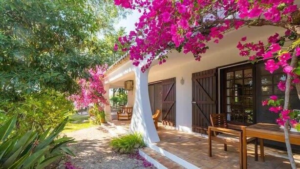 A covered outdoor seating area with a table and chairs, surrounded by lush greenery and flowering bougainvillea. - Villa Flores - Close to the Amendoeira Golf Resort! (Pêra)