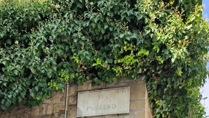 A gated entrance with a stone wall, a sign indicating 'VIA Q XV PROCINO', and a warning sign for 'ATTENZIONE' with a CCTV camera symbol. - Delightful apartment in Ponte Milvio district (Roma)