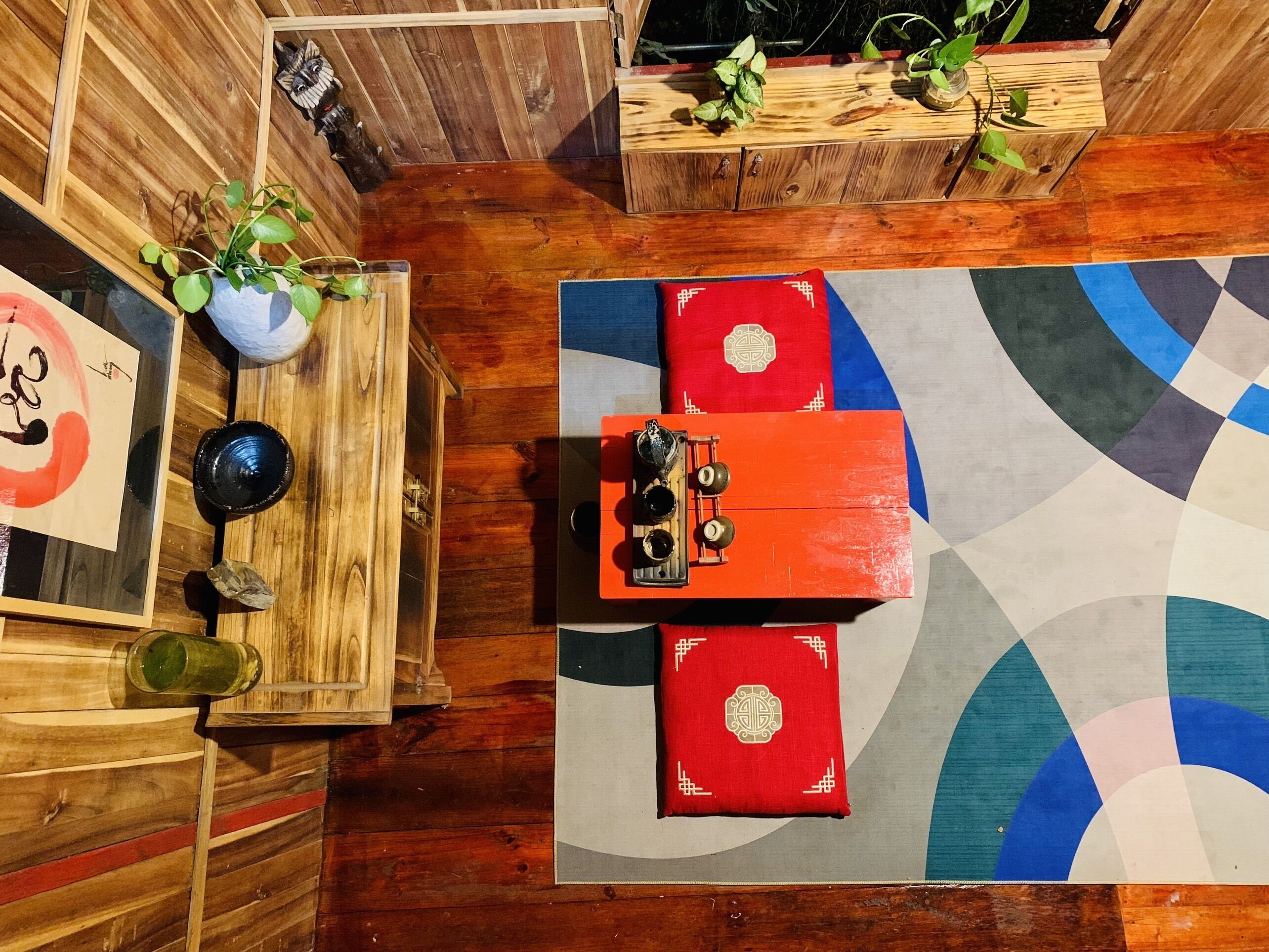 A room with a wooden floor, a red and blue patterned rug, a wooden cabinet with a plant, and a framed picture on the wall.