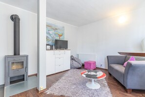 Télévision, cheminée, chaîne hi-fi
