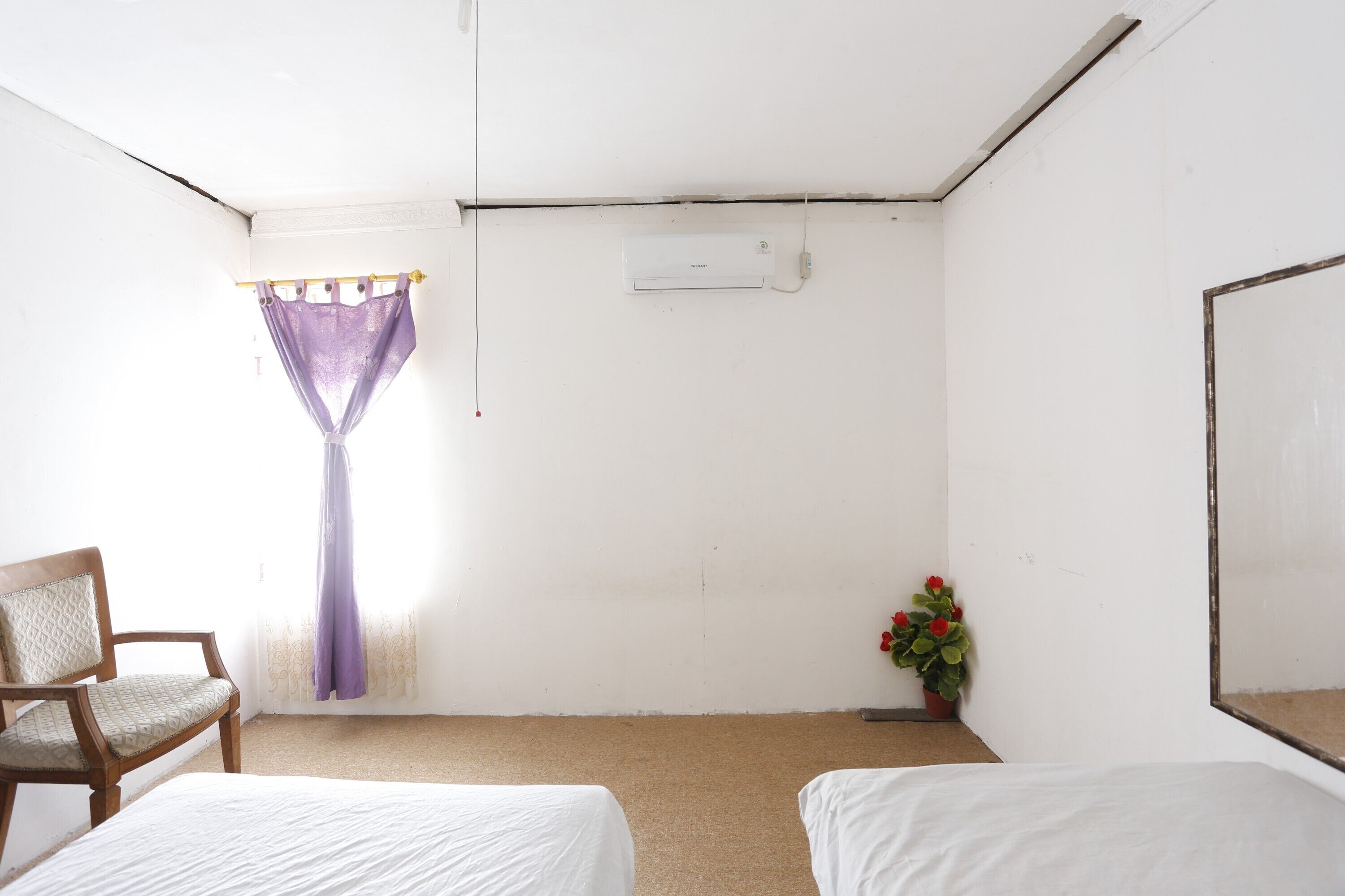 A room with two beds, a chair, a window with purple curtains, a wall-mounted air conditioner, and a potted plant with red flowers.