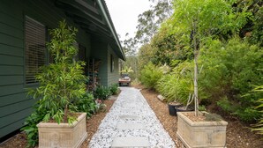 Un sendero conduce a una casa de color verde, rodeada de diversas plantas y árboles.