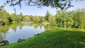 Un parque tranquilo junto al río, con un río sereno, abundante vegetación y un edificio pequeño al fondo.