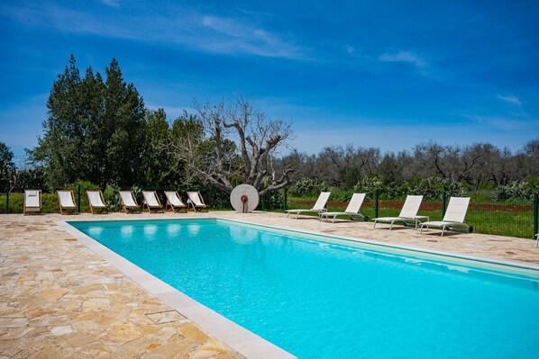 Seasonal outdoor pool, pool loungers