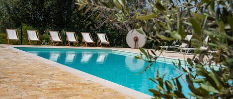 Seasonal outdoor pool, sun loungers