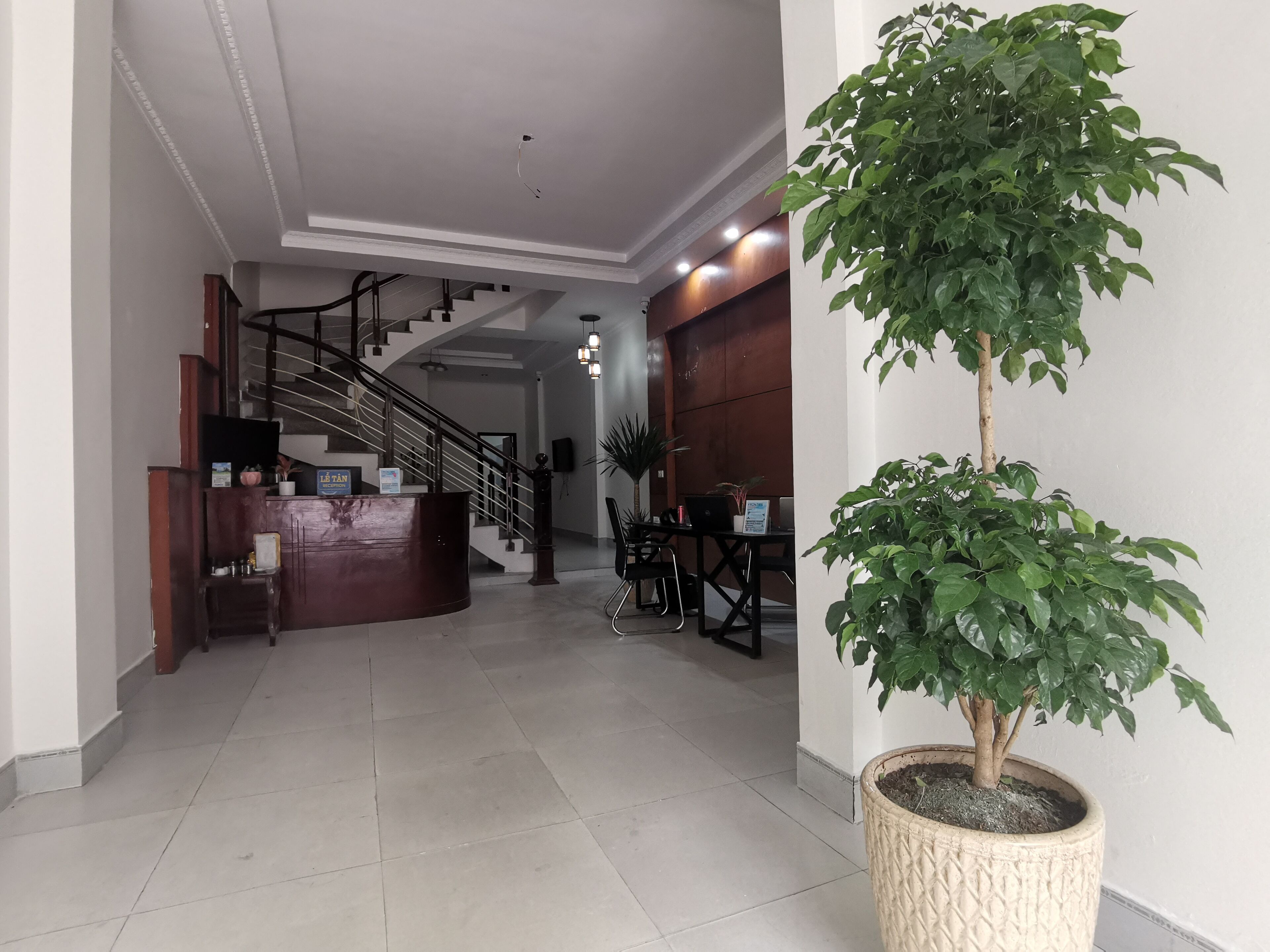 A hotel lobby with a reception desk, a staircase, and a potted plant.